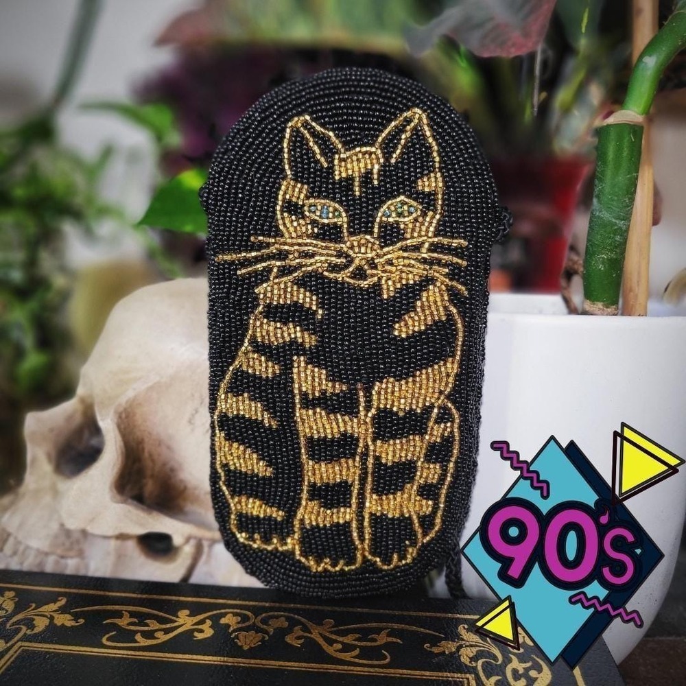 Vintage 90s TST‎ Arts Beaded Cat Purse Black Gold Beadwork Evening Bag 7.5"x4"